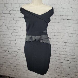 Lipsy Black Off Shoulder Short Sleeve Back Slit Stretch Bodycon Mini Dress 8
